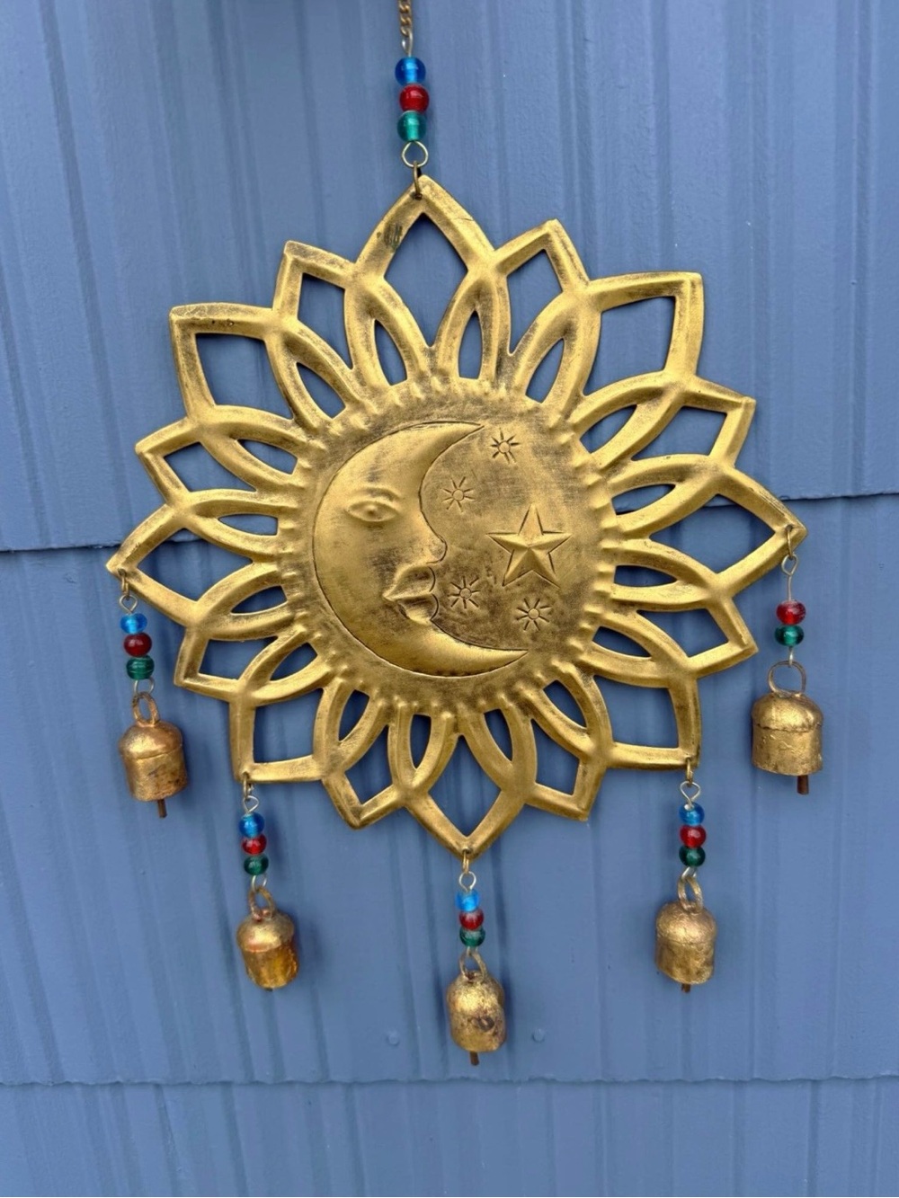 Gold Sun & Moon Metal Wall Hanging with Bells